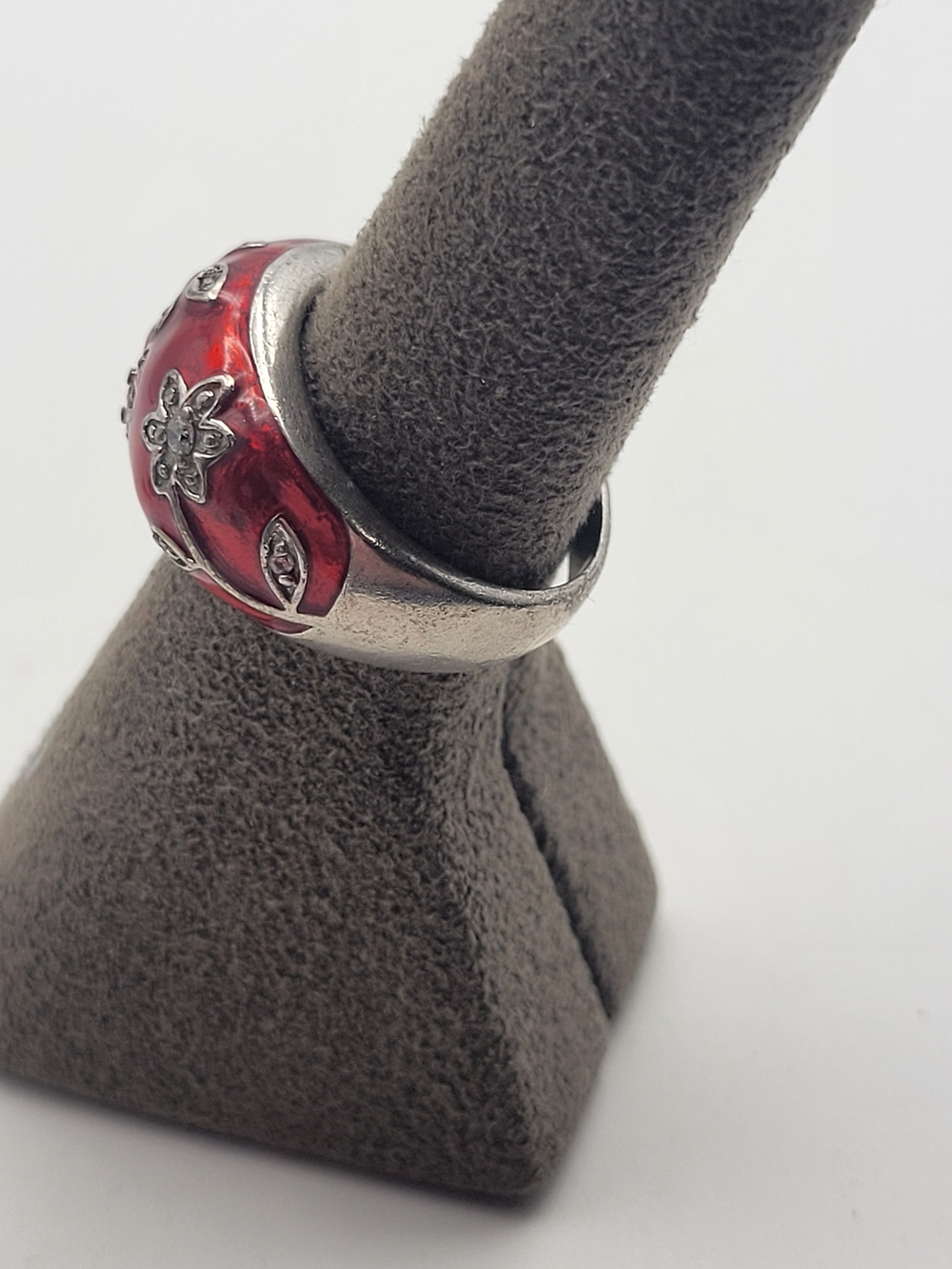 Sterling Silver 925 Red Floral Enamel Band Ring Size 7.75 - Picture 5 of 7